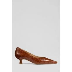 LK Bennett Dakota Ginger Croc-Effect Patent Leather Kitten Heel Brown Courts
