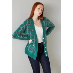 LK Bennett Green Maude Check Mohair-Blend Long Cardigan