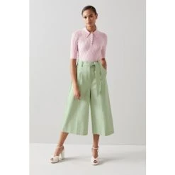 LK Bennett Lena Mint Green Cotton Wide Leg Cropped Trousers
