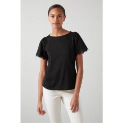 LK Bennett Hannah Cotton Lace Trim T-Shirt Black