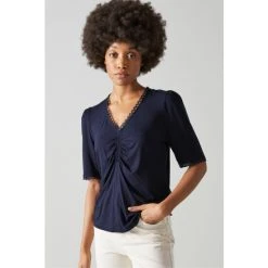LK Bennett Sylvie Jersey Ruched-Front T-Shirt Navy Blue