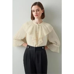 LK Bennett Elodie Cream Crinkle Georgette Scallop Edge Blouse
